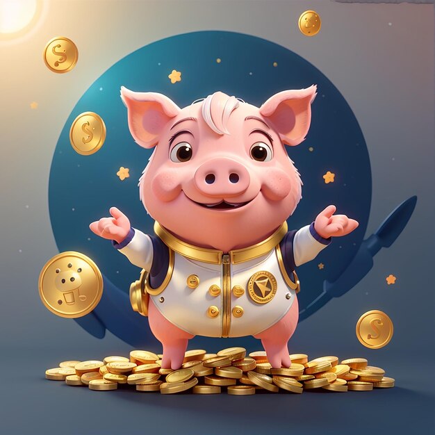 Foto el lindo cerdo atrapando monedas de oro con dinero con ufo ilustración de icono vectorial de dibujos animados icono de finanzas animales concepto aislado de estilo de dibujo animado plano vectorial premium