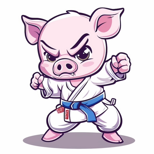 Un lindo cerdo de dibujos animados con un gi de karate blanco y un cinturón azul listo para luchar