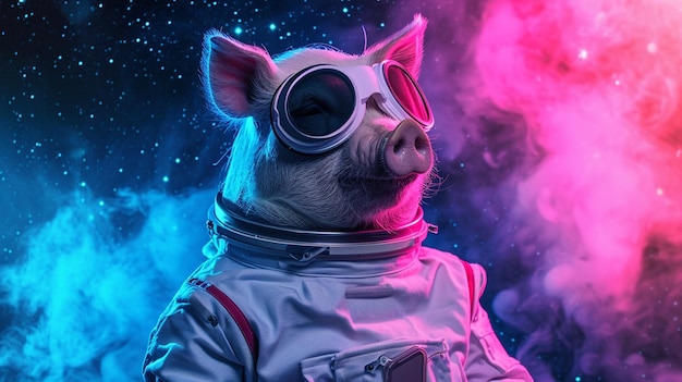 El lindo cerdo espacial vestido con un traje de astronauta con gafas de sol en Magical Galaxy Star AI Generative