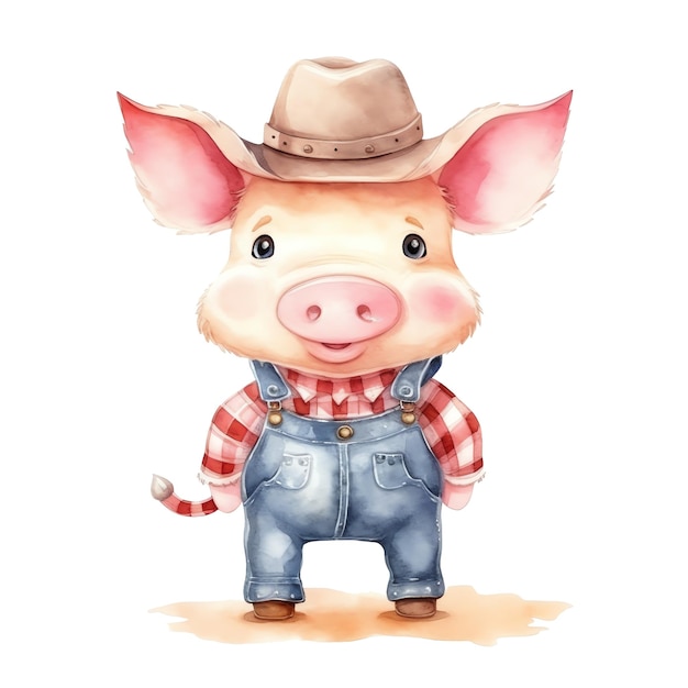 Lindo cerdo con ropa acuarela ilustración animales y granja clipart