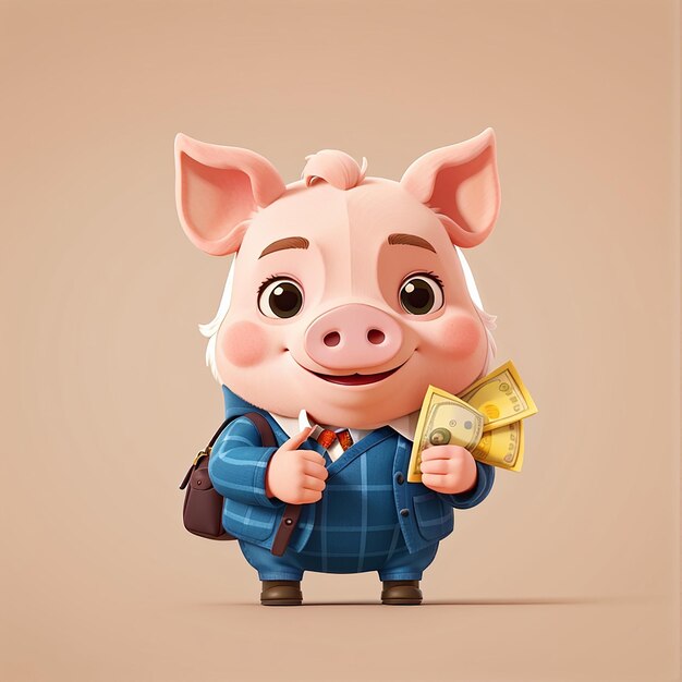 Lindo cerdo sosteniendo bolsa de dinero con pulgar hacia arriba icono vectorial de dibujos animados Ilustración icono de finanzas animales concepto aislado estilo de dibujo animado plano vectorial premium