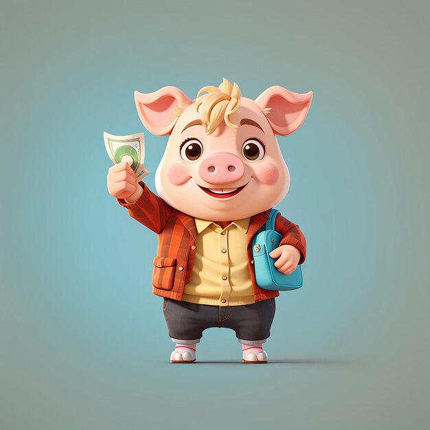 Lindo cerdo sosteniendo bolsa de dinero con pulgar hacia arriba icono vectorial de dibujos animados Ilustración icono de finanzas animales concepto aislado estilo de dibujo animado plano vectorial premium