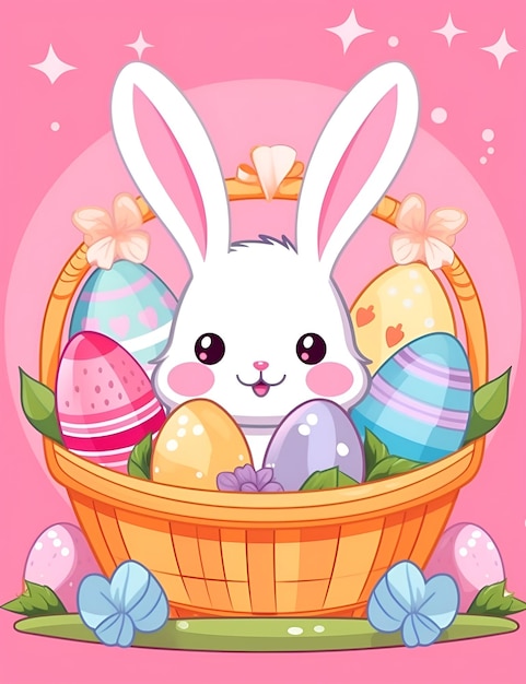 El lindo cesto de conejos de Pascua Kawaii para niños