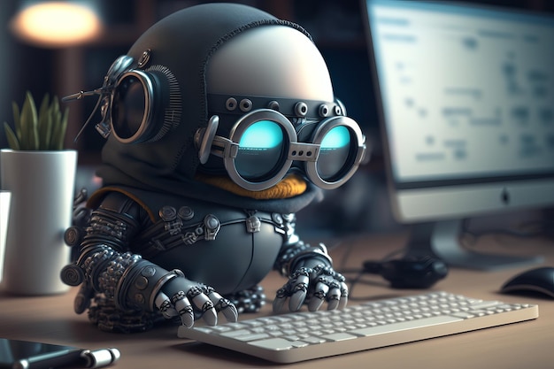 Lindo Chatbot con gafas trabajando con teclado y computadora Generative Ai