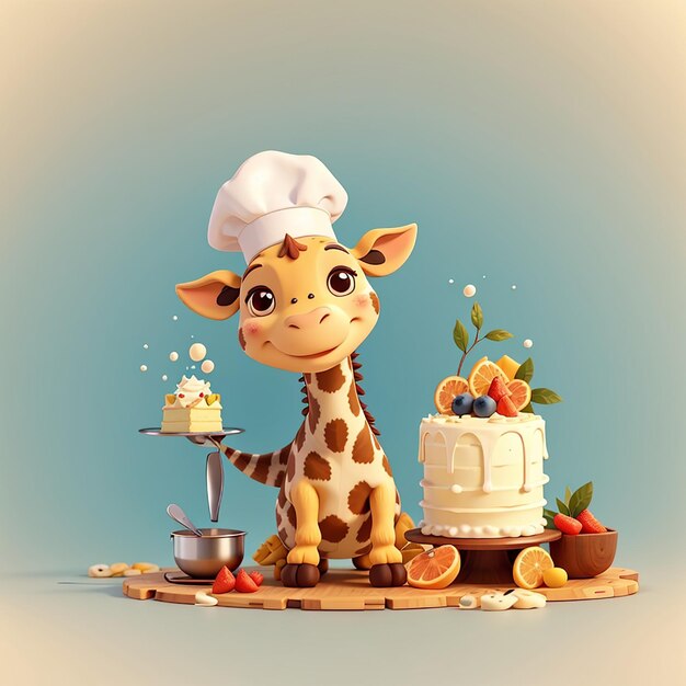 Foto lindo chef de jirafa cocinando pastel de dibujos animados icona vectorial ilustración icona de comida para animales concepto aislado