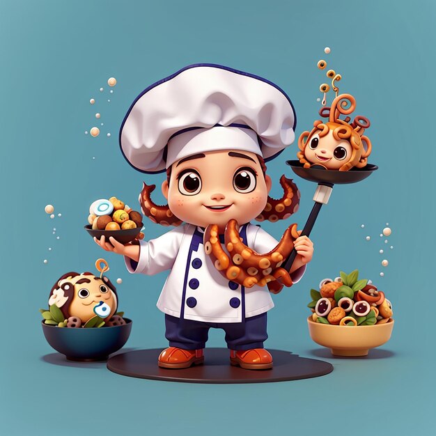 El lindo chef de pulpo con la comida takoyaki el icono de dibujos animados vectorial la ilustración del icono de comida animal aislado