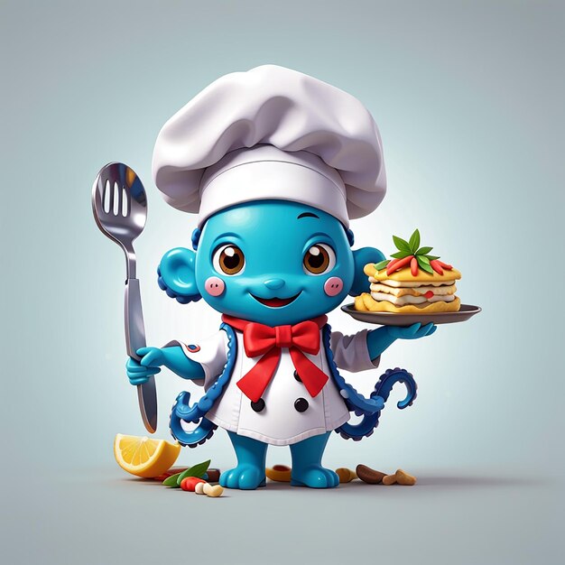 El lindo chef pulpo que sirve comida ilustración del icono vectorial del icono de la comida animal concepto aislado premium