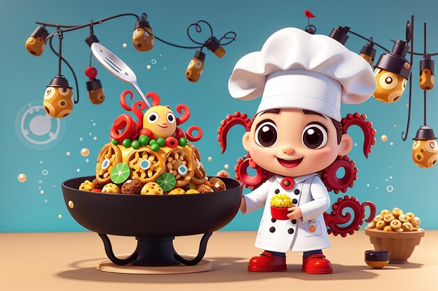 Lindo chef de pulpo con Takoyaki comida icono vectorial de dibujos animados ilustración icono de comida animal concepto aislado estilo de dibujo animado plano vectorial premium