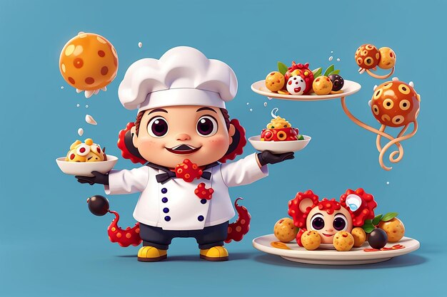 Foto lindo chef de pulpo con takoyaki comida icono vectorial de dibujos animados ilustración icono de comida animal concepto aislado estilo de dibujo animado plano vectorial premium