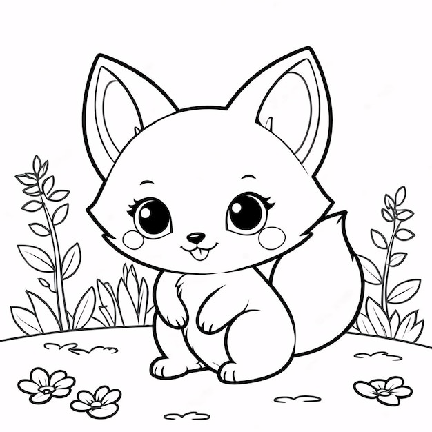 El lindo Chibi Fox Line Art dibujado a mano Kawaii para niños Ilustración de libro para colorear