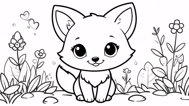 El lindo Chibi Fox Line Art dibujado a mano Kawaii para niños Ilustración de libro para colorear