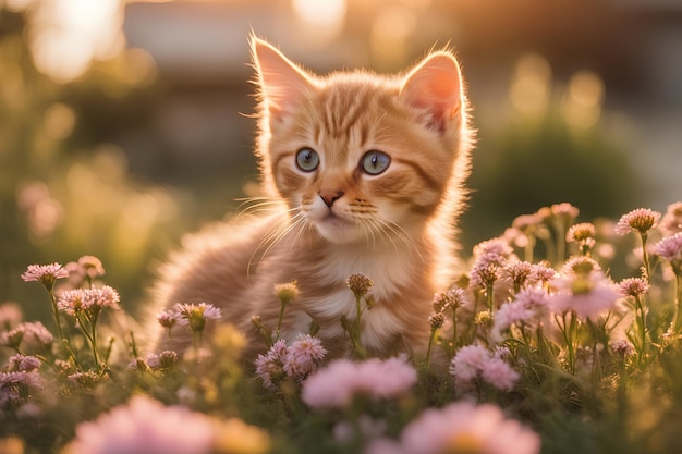 Lindo Chibi Un primer plano de un gato con una flor en la boca hora dorada