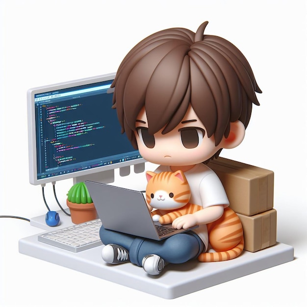 Lindo chibi programador de estilo 3D con un gato acurrucado en su regazo codificando pacíficamente con el gato