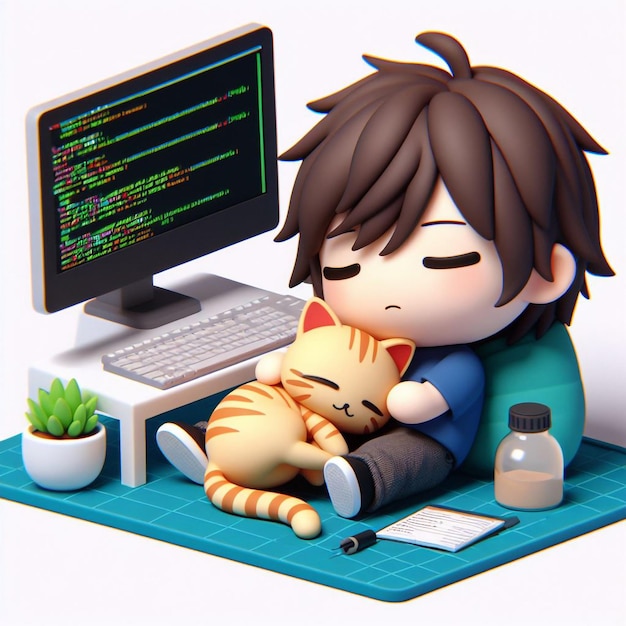 Lindo chibi programador de estilo 3D con un gato acurrucado en su regazo codificando pacíficamente con el gato