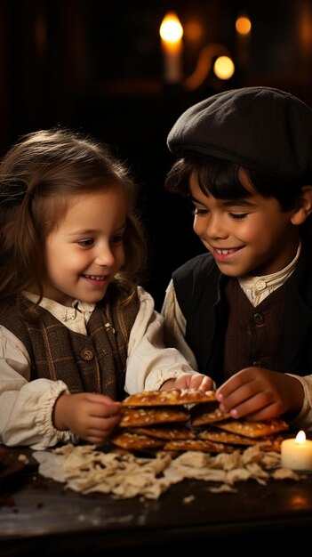 Foto un lindo chico y una chica judíos caucásicos sosteniendo sus manos y tomando un bocado de pan.