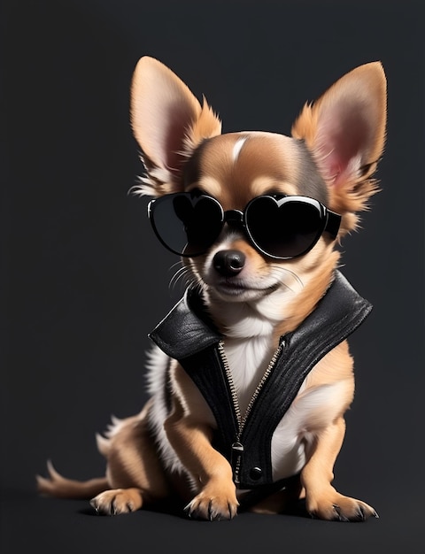 Un lindo chihuahua con gafas de sol sobre fondo negro Generar Ai