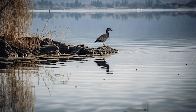 Lindo cisne em pé na água tranquila da lagoa gerada por IA