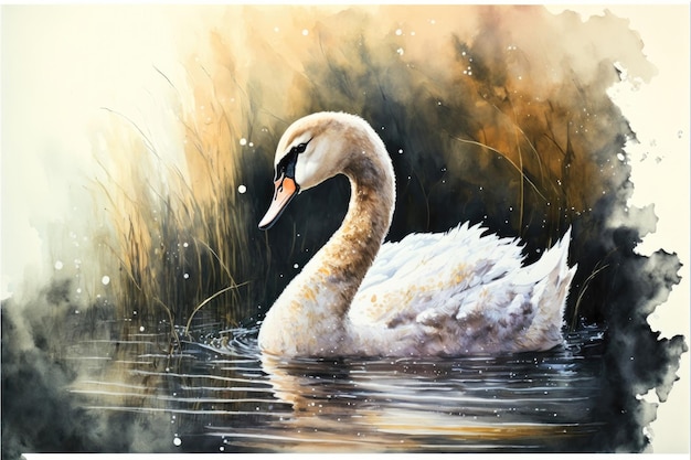 Lindo cisne en la pintura de acuarela del lago