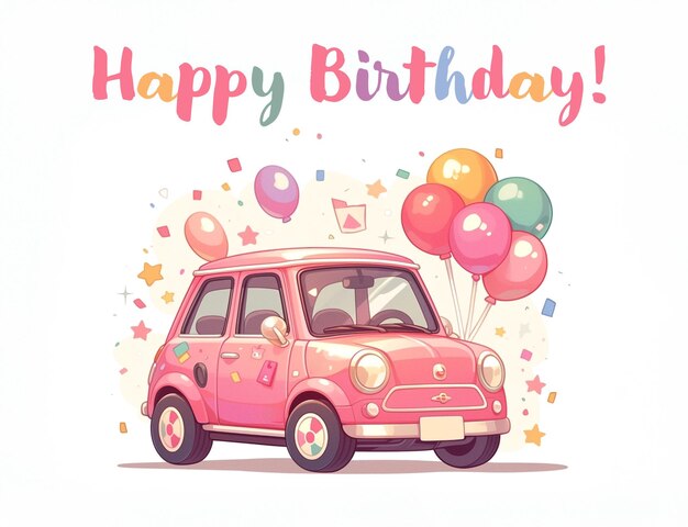 Foto lindo coche retro rosa de dibujos animados con tarjetas de felicitación de cumpleaños con globos