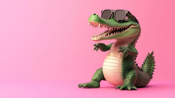 Foto un lindo cocodrilo de dibujos animados con gafas de sol en un fondo rosa