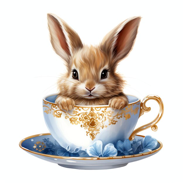 Foto lindo coelho em ilustração de clipart aquarela de xícara de chá
