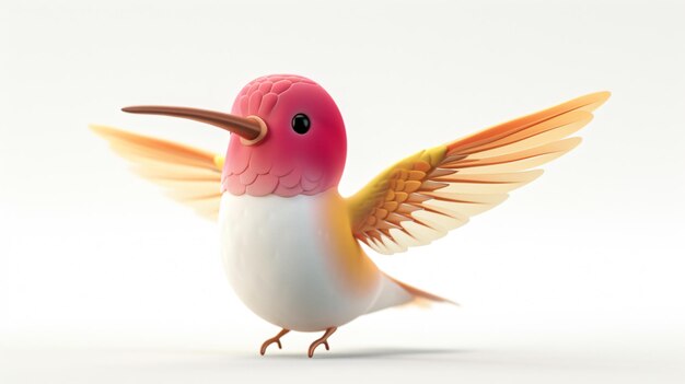 Un lindo colibrí con un largo y delgado pico y plumas de colores brillantes está flotando en el aire con las alas abiertas