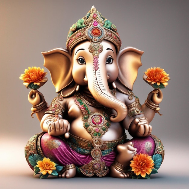 Un lindo color del dios hindú Lord Ganesha lleno de decoración floral.