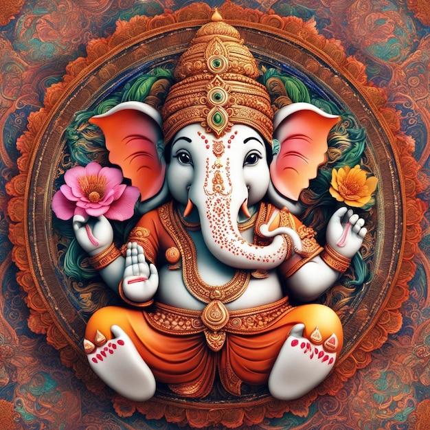 Un lindo color del dios hindú Lord Ganesha lleno de decoración floral.