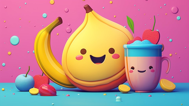 Lindo colorido doodle plátano 3d render