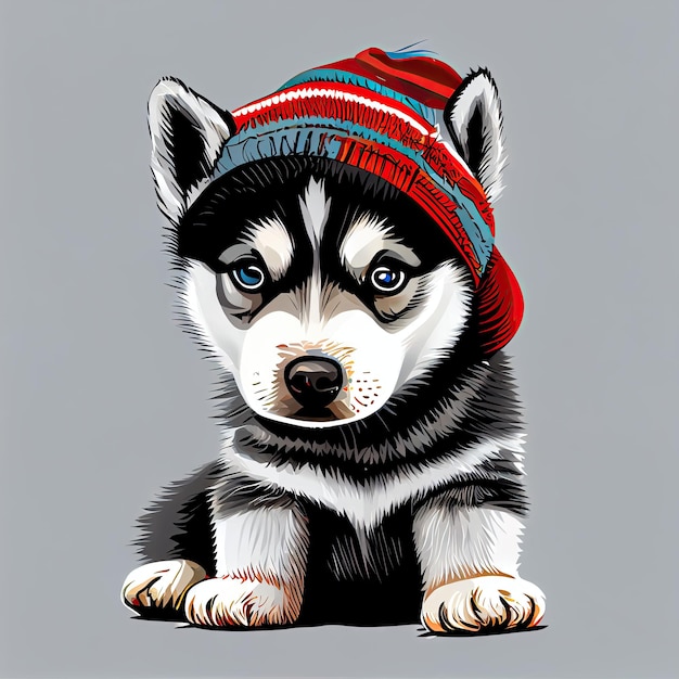 Lindo cómico de husky siberiano con un gorro con suéter y choza