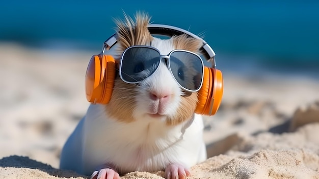Lindo conejillo de indias con gafas de sol y auriculares generados por IA