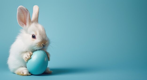 Lindo conejito blanco sostiene huevo azul sobre fondo azul imagen de conejito de Pascua