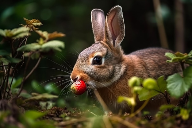 Lindo conejito comiendo fresa en el bosque IA generativa