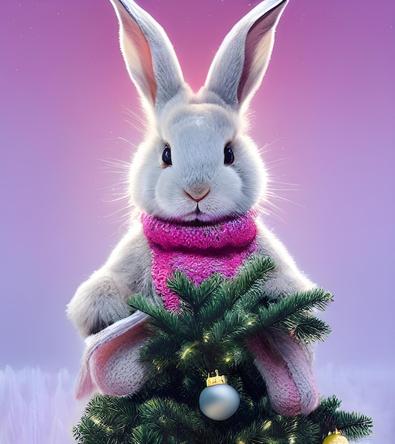 Lindo conejito, conejo, gorro de punto, ambiente navideño, postal de año nuevo, ventisca, invierno