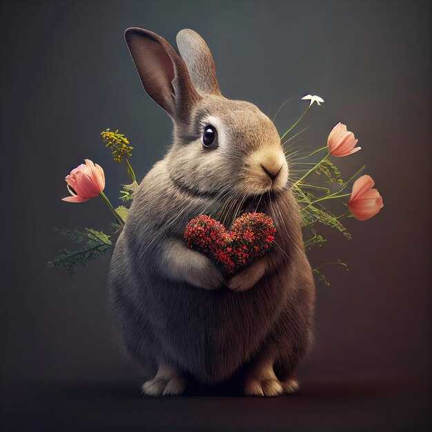 Lindo conejito con corazón y flores Arte generativo de IA Concepto de San Valentín