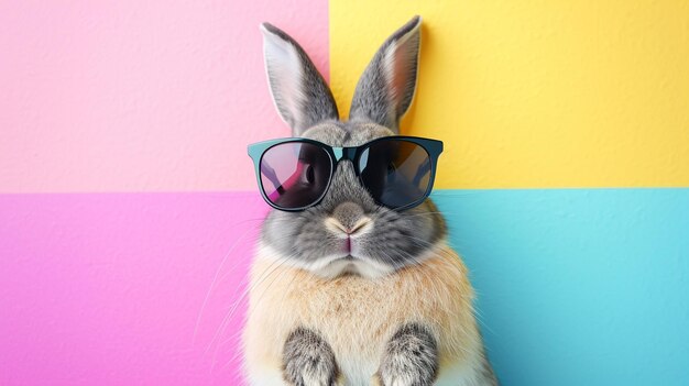 lindo conejito con gafas de sol sobre fondo colorido AI generativo
