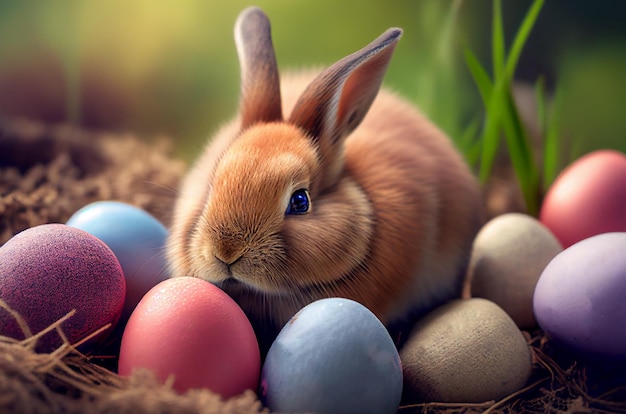 Lindo conejito en el nido con huevos de pascua pintados y fondo festivo de vacaciones de flores feliz concepto de pascua