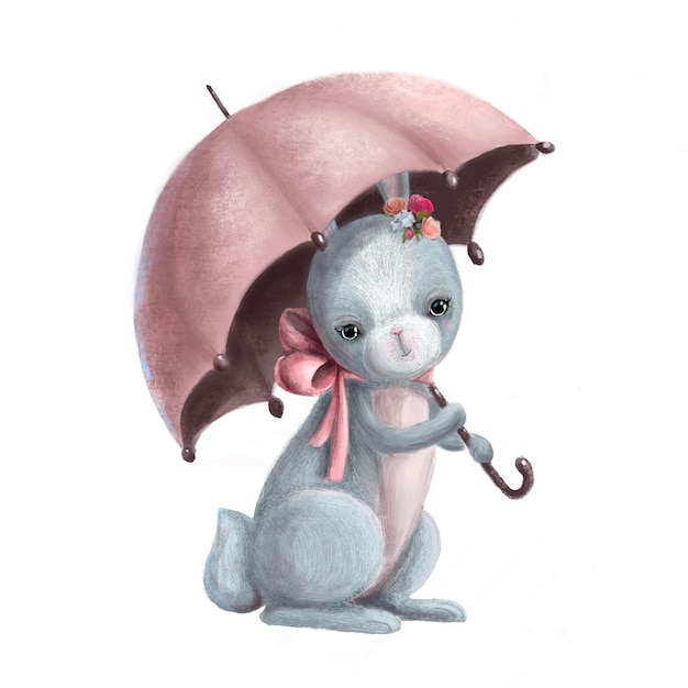 lindo conejito bajo paraguas dibujado a mano ilustración infantil romántico clipart