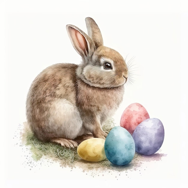 Lindo conejito de Pascua de acuarela con huevos Ilustración AI GenerativexA