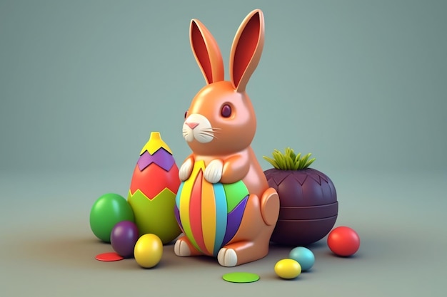 Lindo conejito de Pascua con bolas de colores y huevos de colores