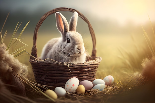 Lindo conejito de Pascua en una canasta con huevos pintados en el campo soleado IA generativa