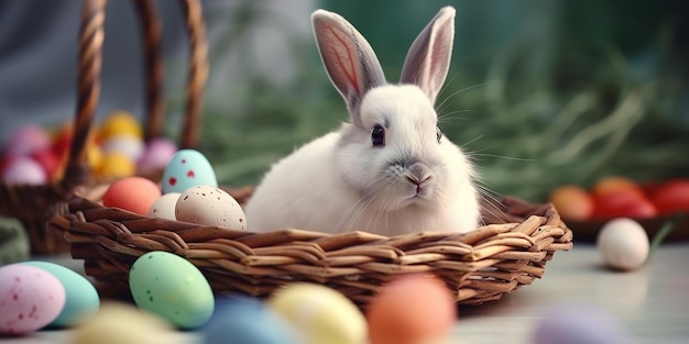 Lindo conejito de Pascua con coloridos huevos de Pascua en una canasta IA generativa