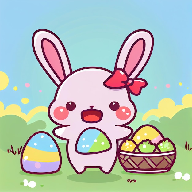 Foto lindo conejito de pascua de dibujos animados kawaii con ilustración de personaje de huevos