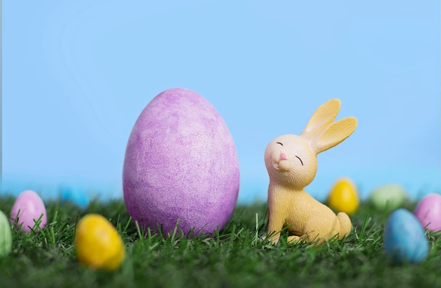 Lindo conejito de pascua de dibujos animados sentado en la hierba entre los huevos de pascua en la pancarta de pascua del jardín