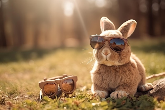 Un lindo conejito de Pascua con gafas de sol con estilo Un conejito sentado en la hierba con unas gafas de sol al lado Concepto de Domingo de Pascua con un lindo conejito sentado en la pradera IA generativa