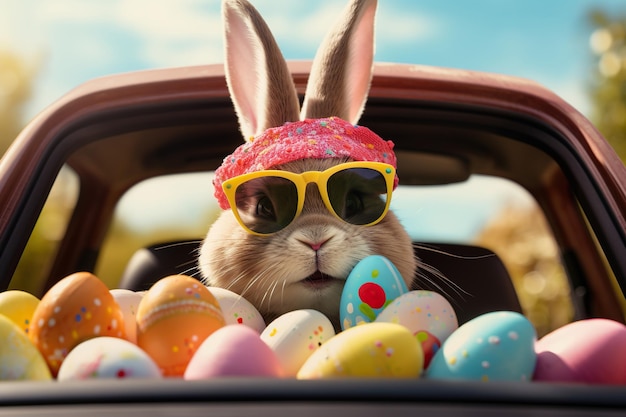 Foto lindo conejito de pascua con gafas de sol mirando desde un auto