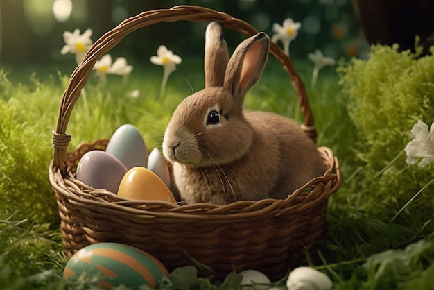 Lindo conejito de Pascua con huevos de Pascua en una canasta. Ilustración generativa de IA.