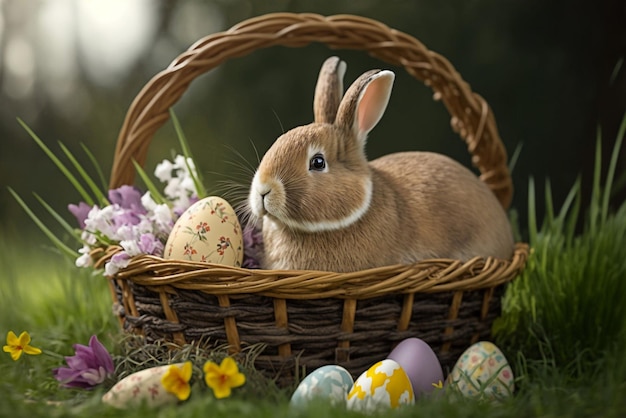 Lindo conejito de Pascua con huevos de Pascua en una canasta. Ilustración generativa de IA