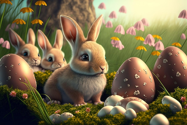 Lindo conejito de pascua y huevos de pascua en hierba paisaje 3D Ilustración generativa ai