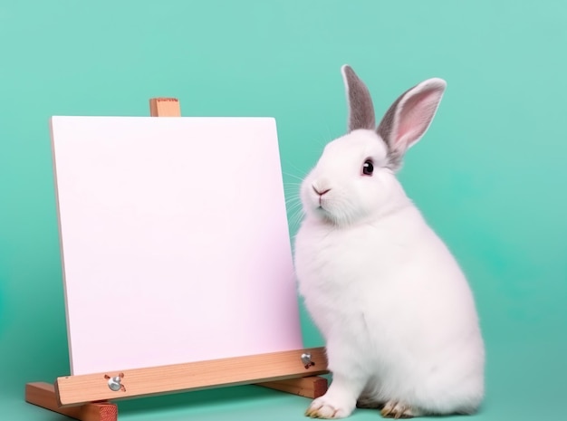 Un lindo conejito con pizarra en blanco sobre fondo de color pastel aislado feliz pascua concepto generativo ai